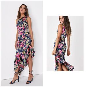 Lulu's Divinely Blooming Dress Women's M Blue Multi Midi One Shoulder NWOT